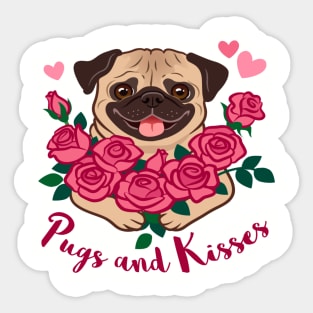 Funny pug puppy dog holding a bunch of pink roses, with hearts and text "Pugs and Kisses Sticker